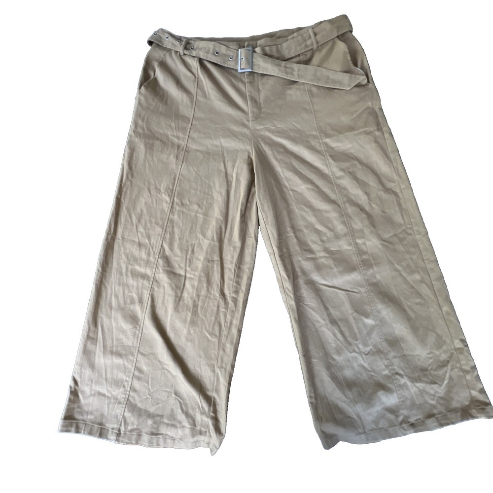 NWT Cider 3XL Belted Wide Leg Trousers Khaki High Rise Stretch Dark Academia